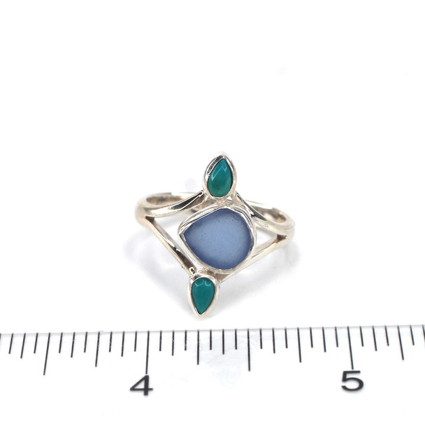 Cornflower Rounded Triangle Sea Glass and Turquoise Teardrop Ring - Size 9 on ruler for size reference. 