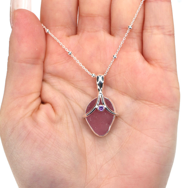 Purple Sea Glass and Amethyst Drop Necklace on model for color reference.