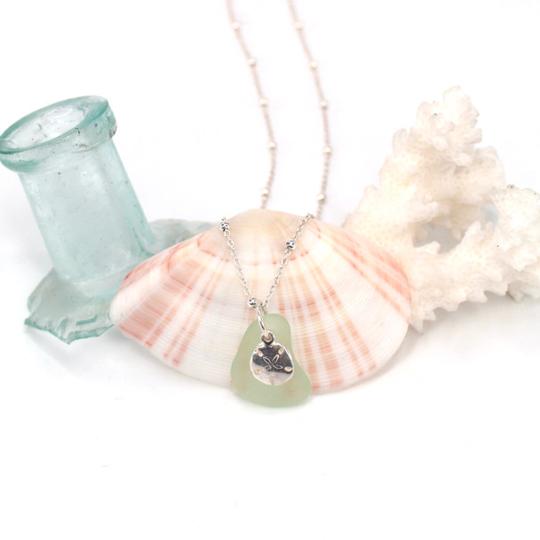 Seafoam Sea Glass and Sand Dollar Charm Necklace