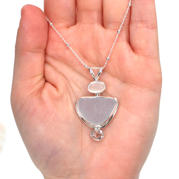 Ice Blue Sea Glass and Herkimer Diamond Eclipse Necklace on model for color reference.