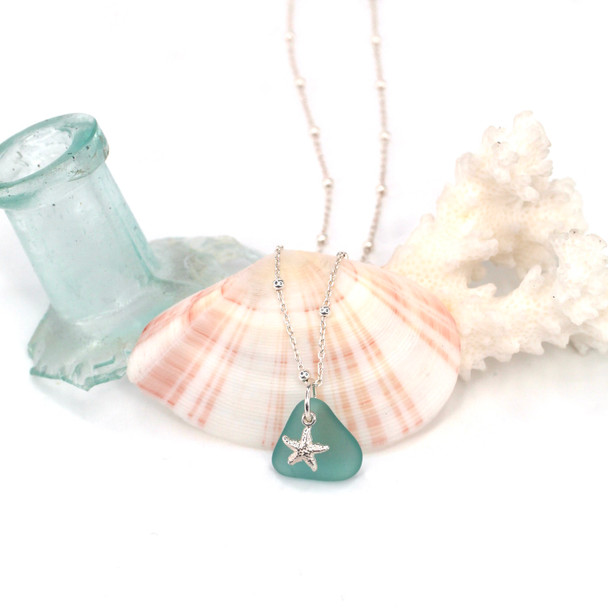 Aqua Sea Glass and Petite Starfish Charm Necklace