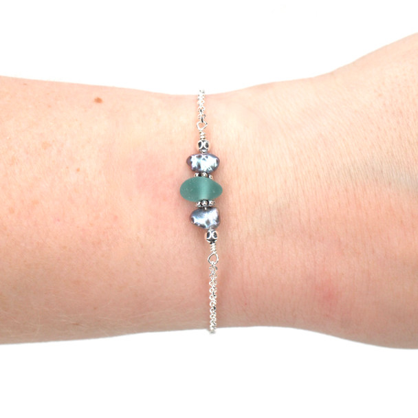 Aqua Treat Sea Glass and Dainty Peacock Pearl Bracelet on model for color reference.