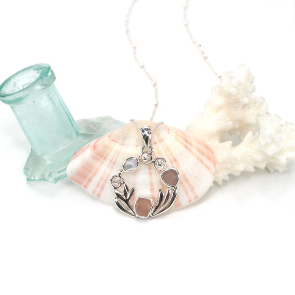 Pink and Purple Sea Glass and Mother of Pearl Garden Circle Necklace