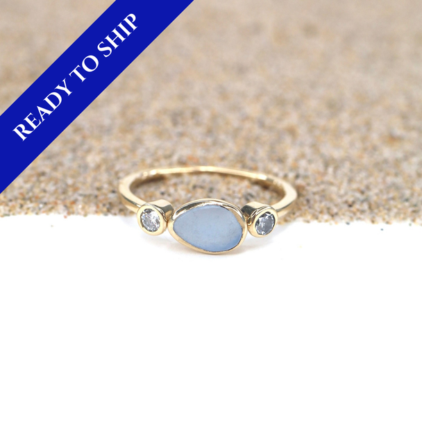 Cornflower Sea Glass and Lab Diamond Nova Ring