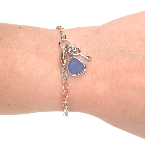 Cornflower Drop Sea Glass and Key Bracelet on model for color reference. 