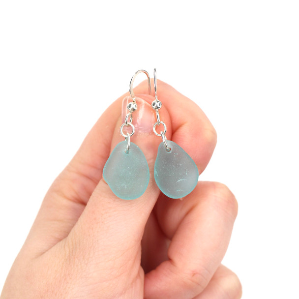 Aqua Allure Sea Glass Simple Drilled Earrings on model for color reference.