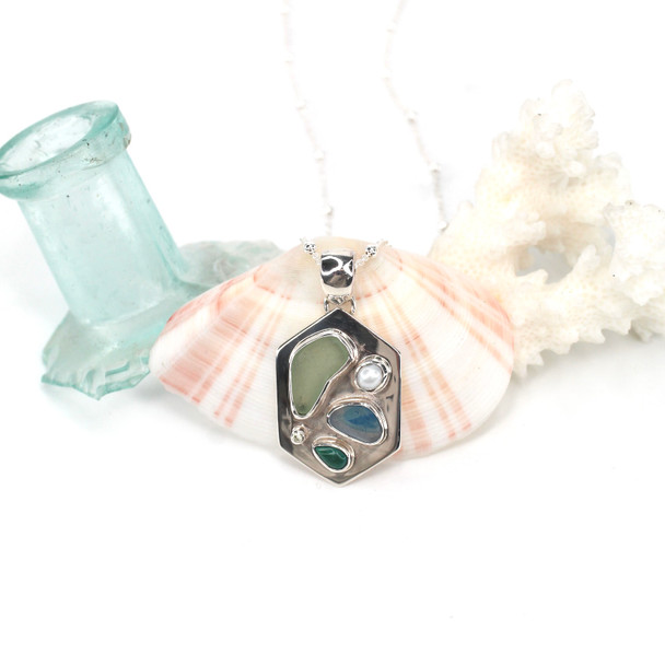 Turquoise and Seafoam Sea Glass and Pearl Pointed Mosaic Necklace