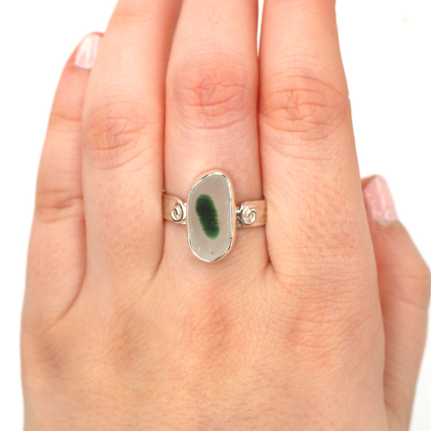 Green Bright Spot Ultra Rare Sea Glass Swirl Ring - Size 9 on model for color reference. 