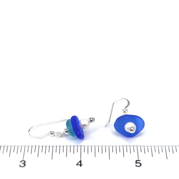Aqua and Cobalt Sea Glass and Pearl Stack Earring on ruler for size reference.