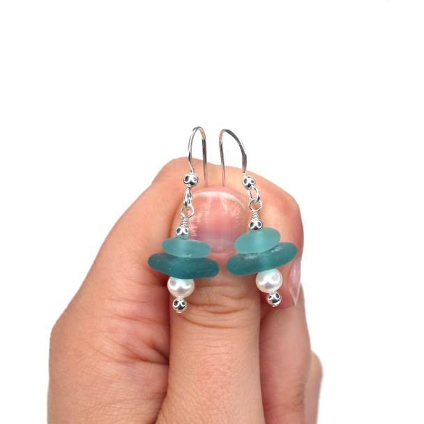 Aqua Sea Glass and Pearl Stack Earring  on model for color reference.