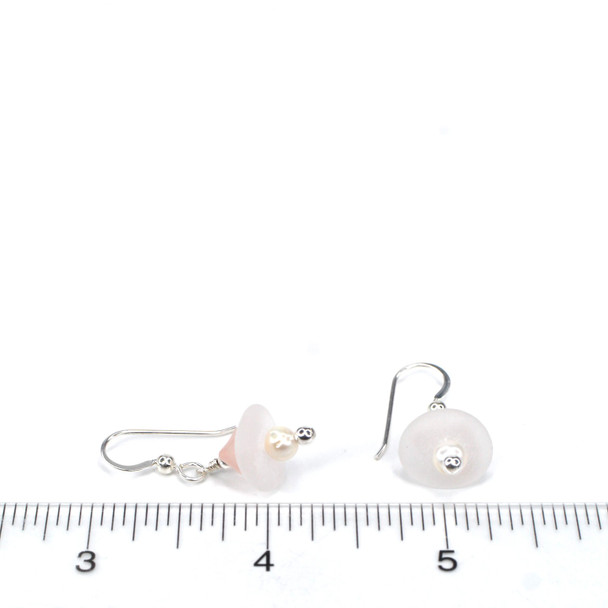 Pink and White Sea Glass and Pearl Stack Earring on ruler for size reference.