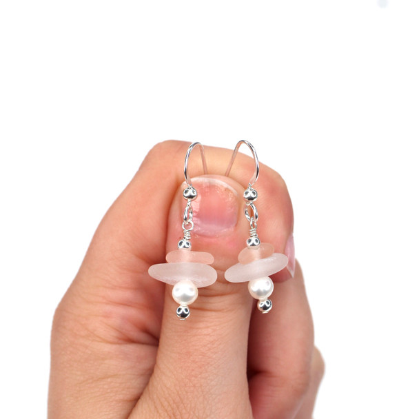 Pink and White Sea Glass and Pearl Stack Earring  on model for color reference.