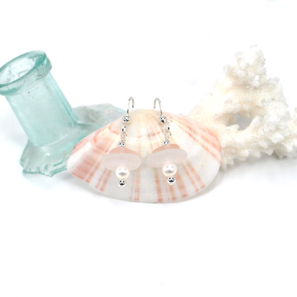 Pink and White Sea Glass and Pearl Stack Earring