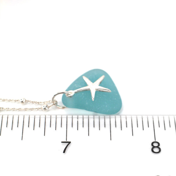 Aqua Triangle Sleek Starfish Sea Glass Necklace on ruler for size reference. 