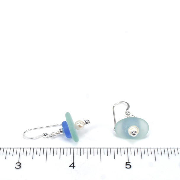 Cobalt and Seafoam Sea Glass and Pearl Stack Earring on ruler for size reference.