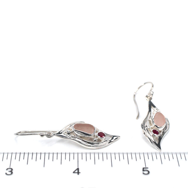 Pink Sea Glass and Ruby Wavy Earrings on ruler for size reference.