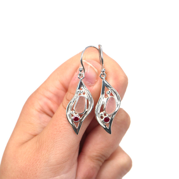 Pink Sea Glass and Ruby Wavy Earrings on model for color reference.