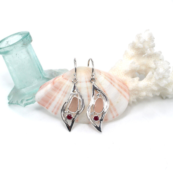 Pink Sea Glass and Ruby Wavy Earrings
