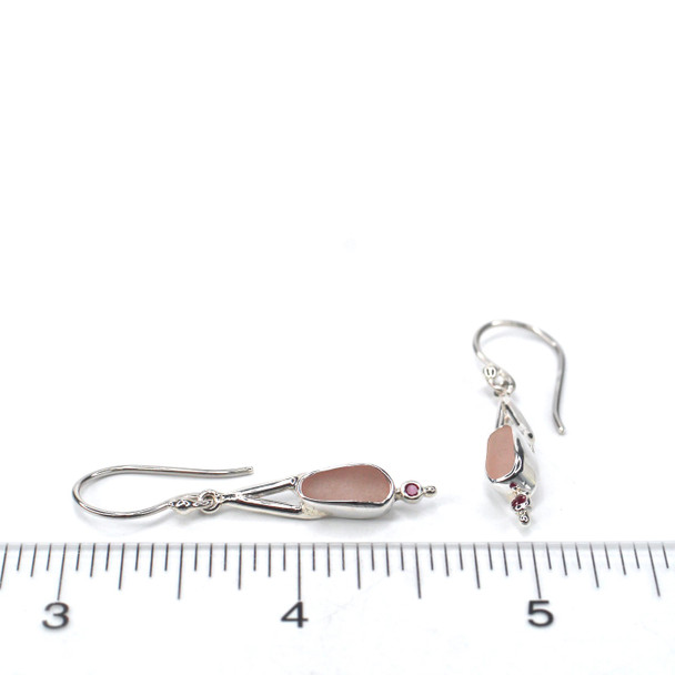 Pink Sea Glass and Ruby Lunar Drop Earrings on ruler for size reference.