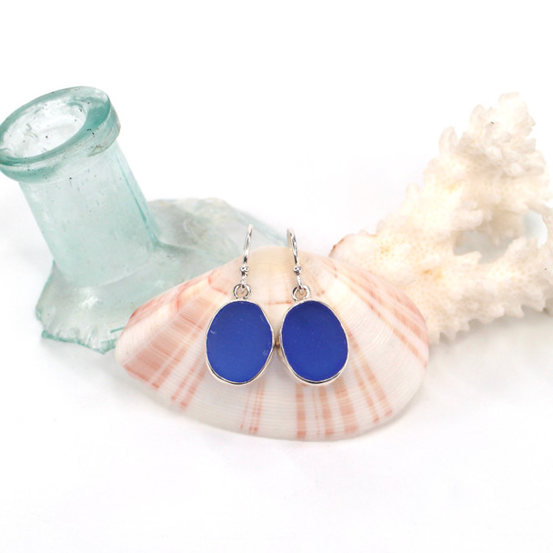 Cobalt Bright Round Sea Glass Bezel Earrings