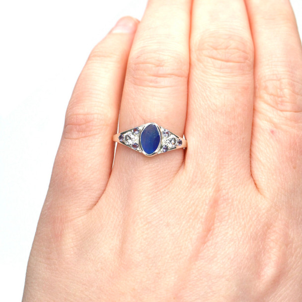 Blue Striped Ultra Rare Sea Glass and Lab-Grown Moissanite Sterling Silver Luminary Ring on model