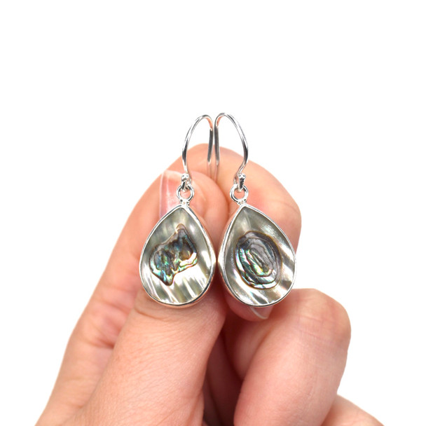 Abalone Teardrop Shimmer Single Bezel Earrings on model for color reference.