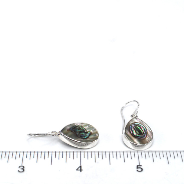 Abalone Teardrop Shimmer Single Bezel Earrings on ruler for size reference.