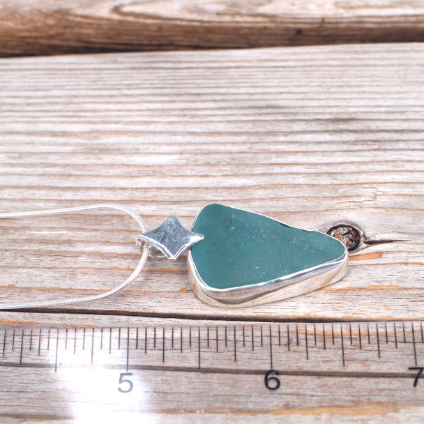 Insta Sale Aqua Triangle Sea Glass Diamond Geometric Necklace - MM on ruler for size reference. 