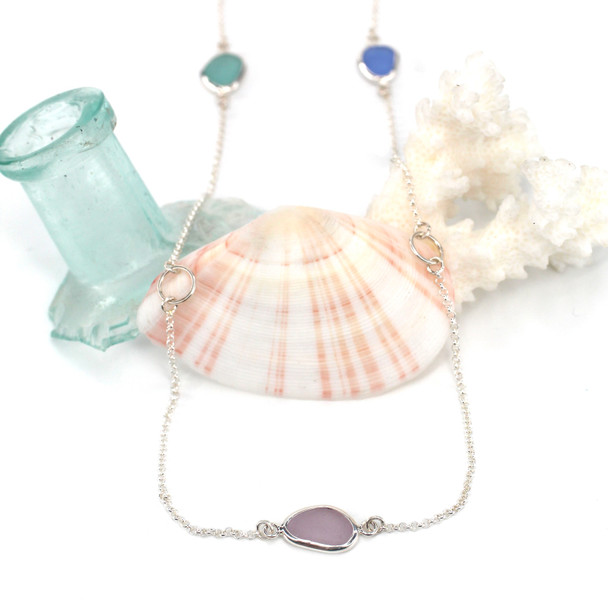 Pastel Lagoon Whisper 5 Stone Sea Glass 30" Lariat Necklace