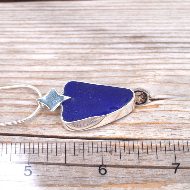 Insta Sale Cobalt Triangle Sea Glass Geometric Diamond Necklace - MM on ruler for size reference. 