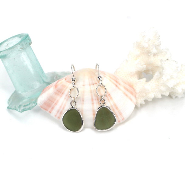 Olive Sea Glass Bezel Wrap Circle Drop Earrings