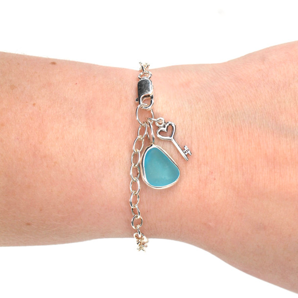 Terrific Turquoise Drop Sea Glass and Key Bracelet on model for color reference. 