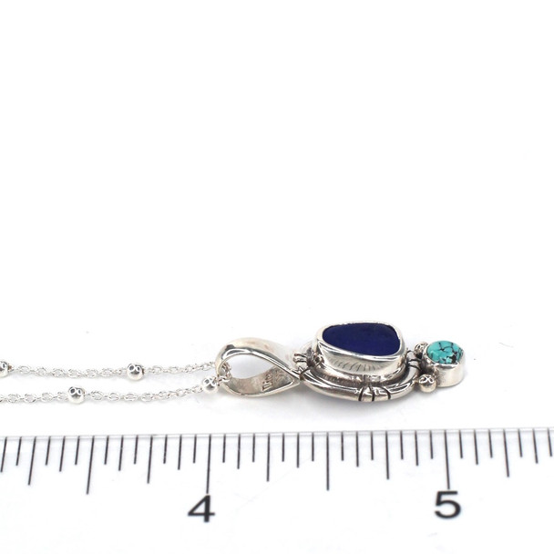 Cobalt Deep Sea Glass and Turquoise Double Necklace on ruler for size reference. 