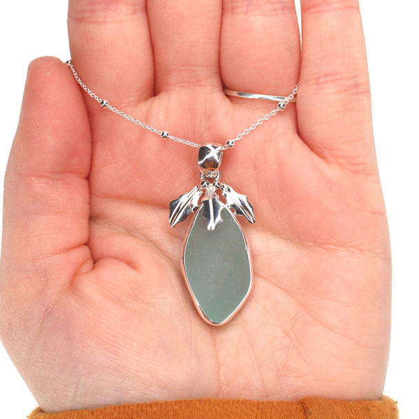 Aqua Sea Glass Holly Berries Necklace on model for color reference. 