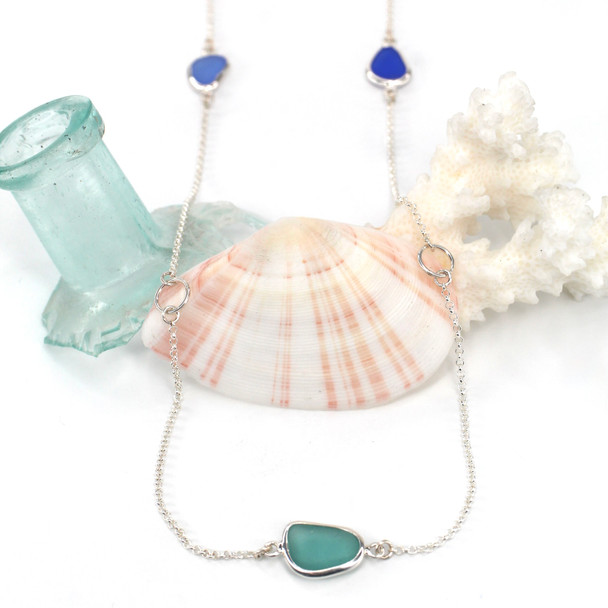 Seafoam Sage Serenade 5 Stone Sea Glass 30" Lariat Necklace