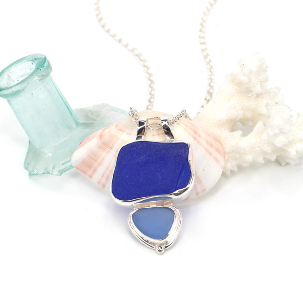 Cobalt and Cornflower Bold Sea Glass Bottle Lip Double Slide Necklace