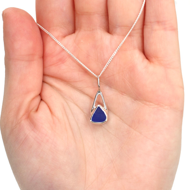 Cobalt Triangle Sea Glass Lunar Drop Charm on model for color reference. 