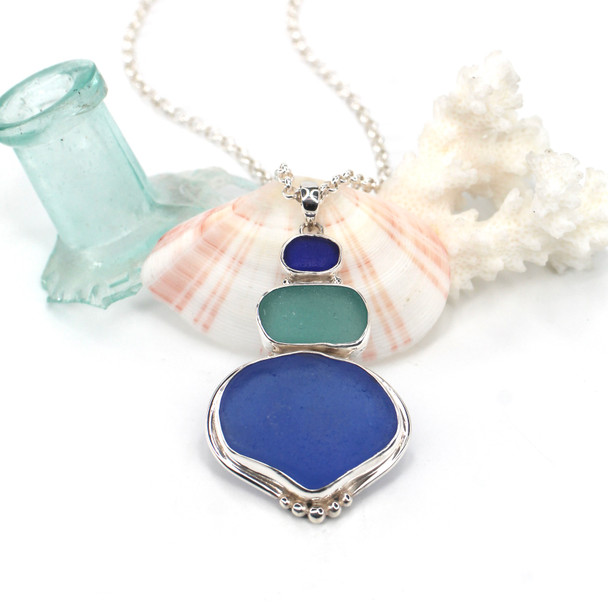 Beautiful Bold Blues Sea Glass Three Tier Beaded Necklace
