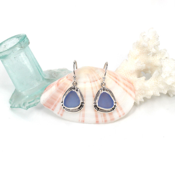 Cornflower Sea Glass Double Bezel Earrings