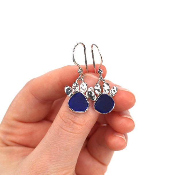 Cobalt Sea Glass Paw Print Earrings $175