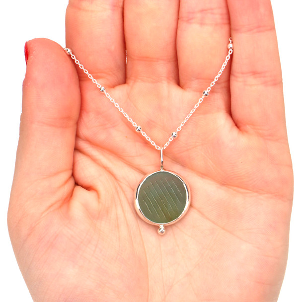 Aqua and Yellow Swirl Sea Glass Ohajiki Marble Charm Necklace on model for color reference. 