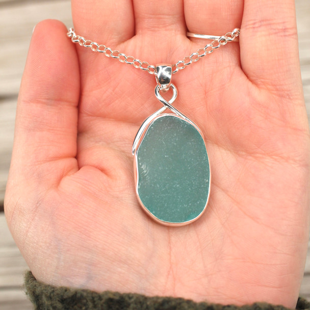 Insta Sale Aqua Oval Sea Glass Twist Necklace - MM on model for color reference. 