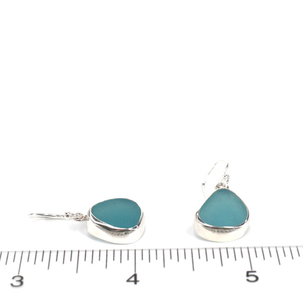 Aqua Gumdrop Sea Glass Single Bezel Earrings on ruler for size reference.