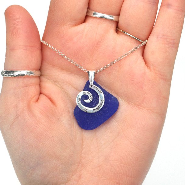 Cobalt Sea Glass Journey Necklace on model for color reference.