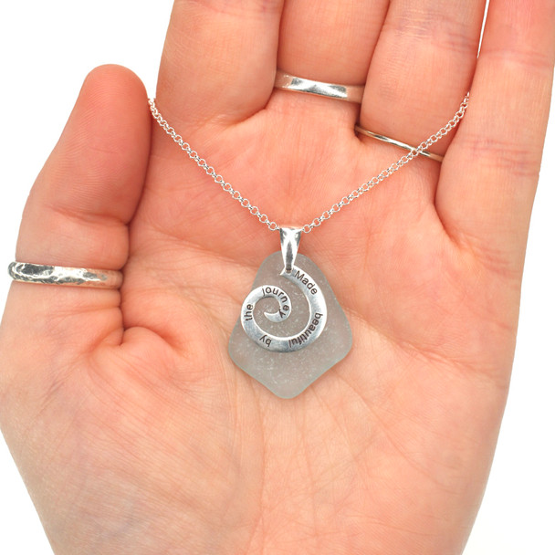 Aqua Ice Sea Glass Journey Necklace on model for color reference.