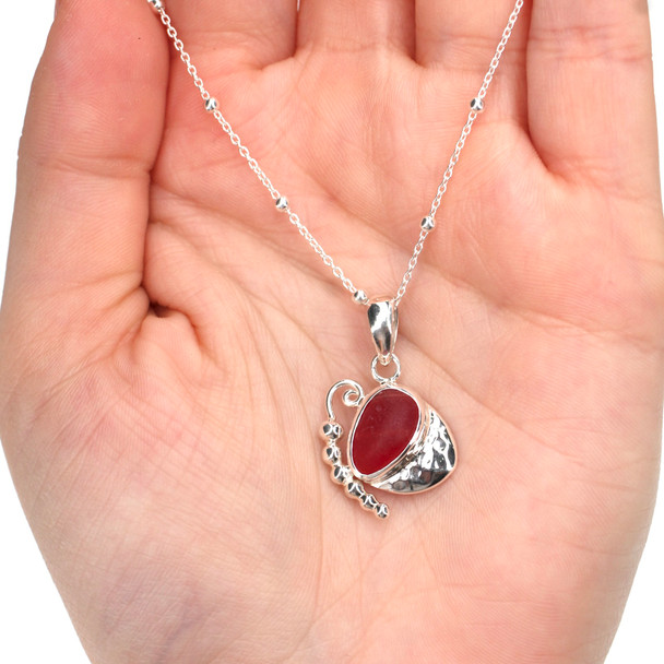 Red Fire Ultra Rare Sea Glass Mariposa Necklace on model for color reference.