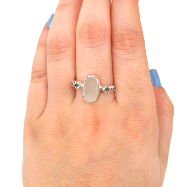 White Elongated Oval Sea Glass and Rose Quartz Ring - Size 9 on model for color reference. 