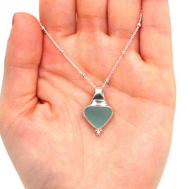 Aqua Sea Glass Trinity Slide Necklace on model for color reference. 