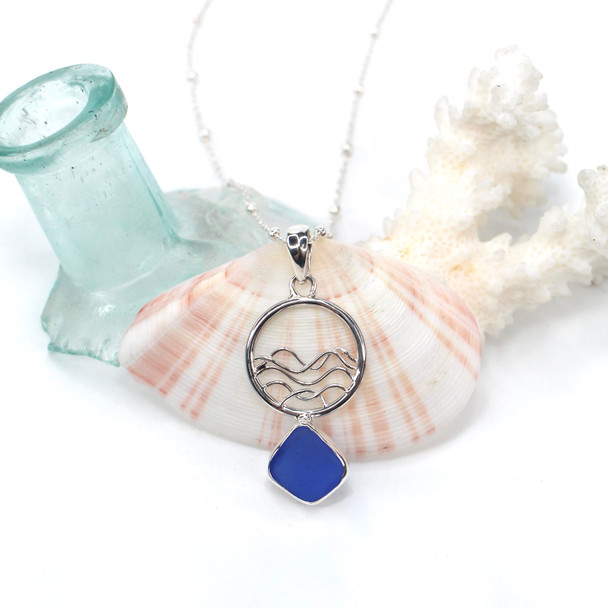 Cobalt Sea Glass Ocean Wave Necklace