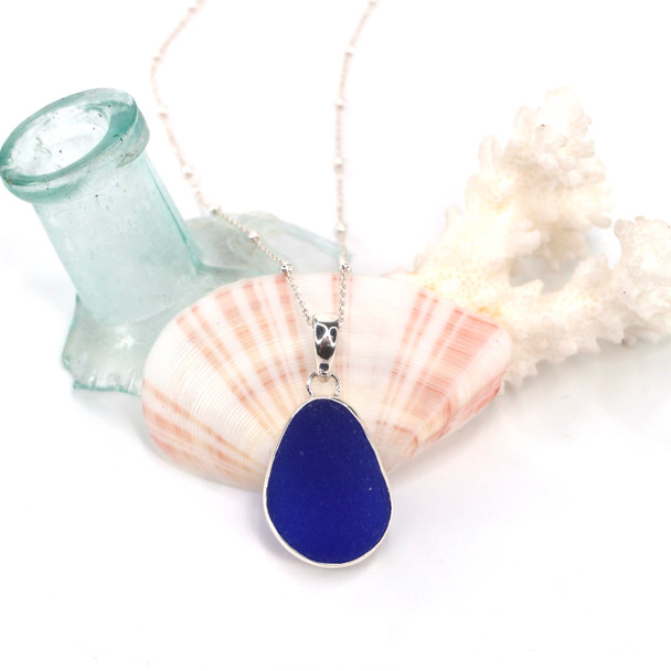 Cobalt Perfect Drop Sea Glass Bezel Necklace